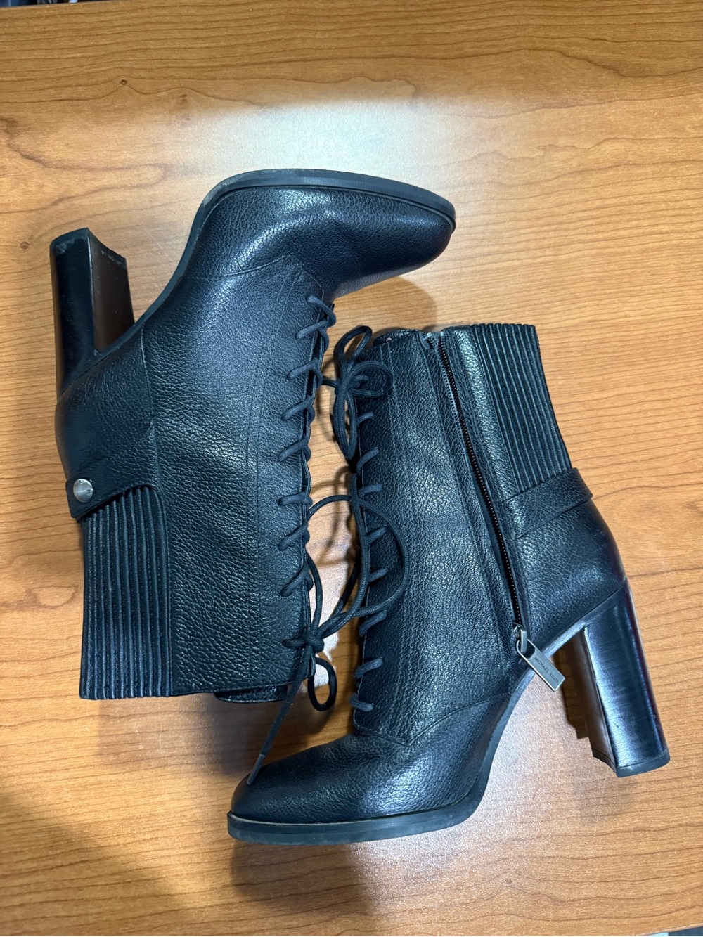 Michael Kors Black Lace-Up Leather Ankle Boots with Block Heel